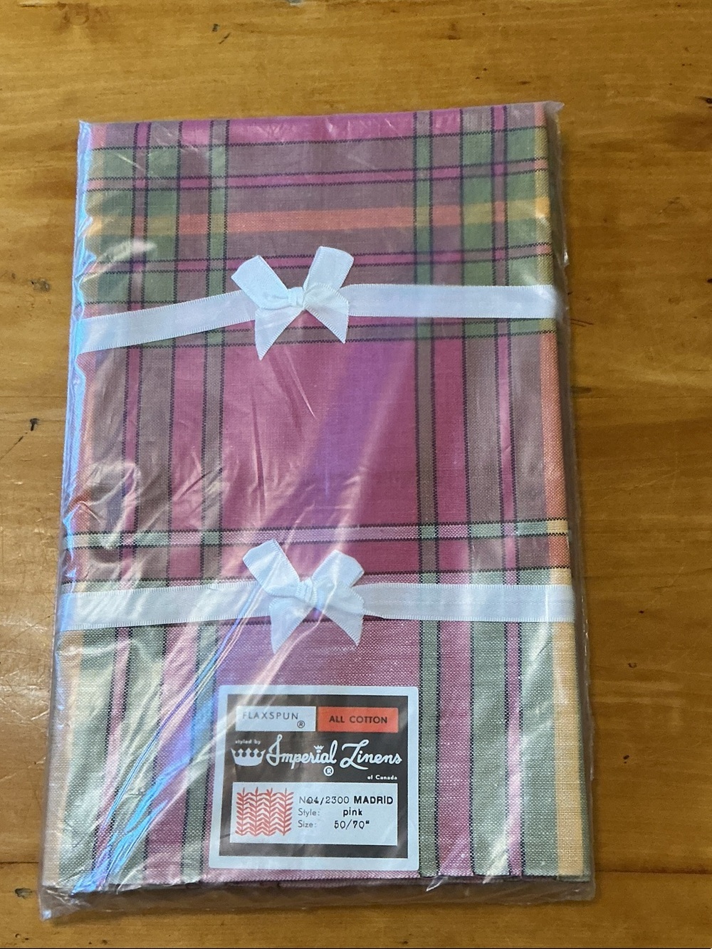 Vintage Madrid Pink Plaid Pattern Imperial Linen Tablecloth 50”x90”